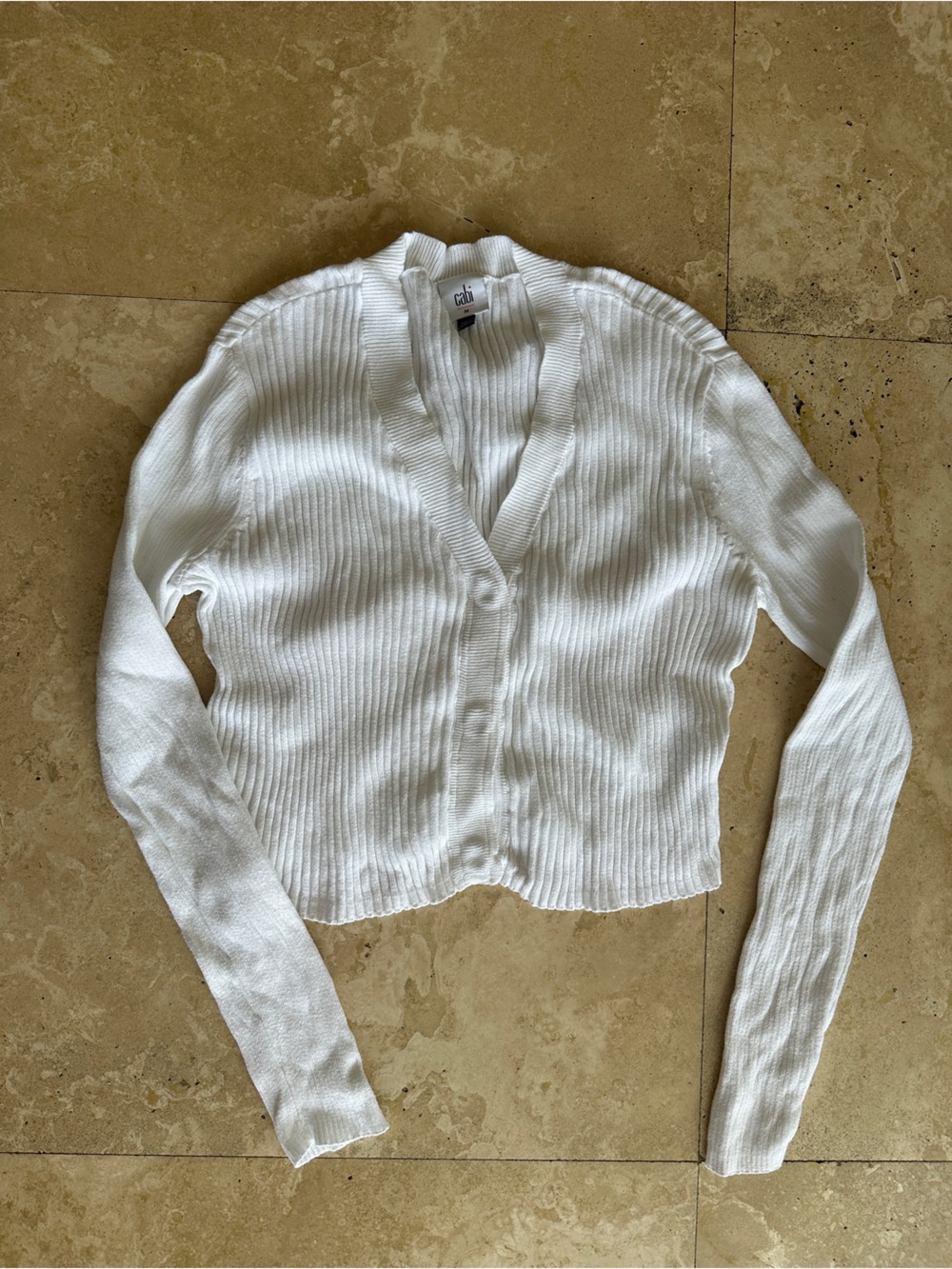 CAbi White Ribbed V-Neck Button Cardigan